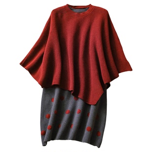 撞色波点圆领无袖针织连衣裙可配一整套不规则披肩斗篷套装女Q952