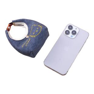 牛仔手拎小零钱包女可爱刺绣手提便携斜挎小众设计耳机口红迷你包