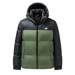 斯凯奇90鸭绒保暖冬外套加厚男女情侣装连帽短款面包服撞色羽绒服