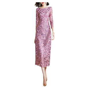 清仓福利质感连衣裙女新款粉紫色绣花长袖气质减龄收腰显瘦裙子