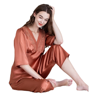 美标2025新款中袖真丝睡衣短袖长裤女士春夏季桑蚕丝家居服套装