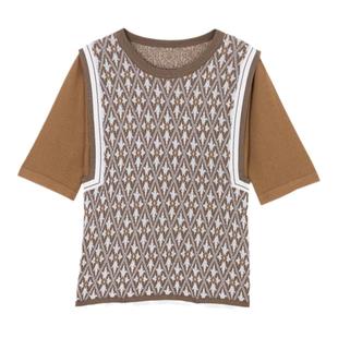 unbleu冰丝针织衫女夏装小个子宽松女装拼接短袖假两件套头上衣