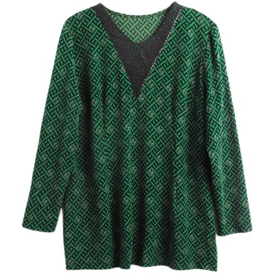 胖太太衬衫V领镶钻几何图案