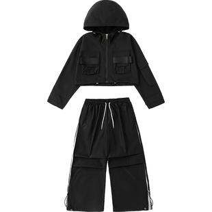 女童jazz爵士舞服女孩黑色连帽外套练功服韩舞街舞现代舞表演出服
