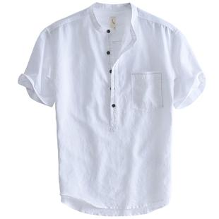 汉絮夏季薄款立领短袖棉麻衬衫男款文艺休闲上衣宽松套头亚麻衬衣