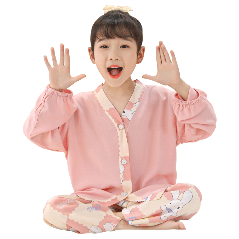 儿童睡衣夏季薄款女童开衫棉绸套装公主绵绸空调房女孩长袖家居服