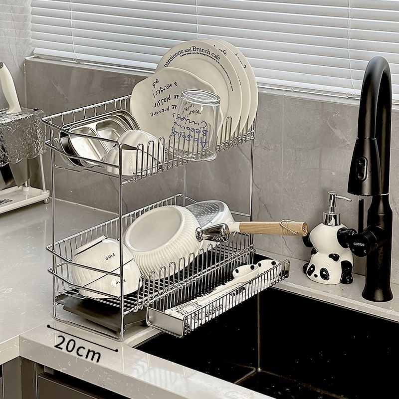 厨房不锈钢双层碗碟架大容量水槽餐具置物架带挂笼沥水台面收纳架