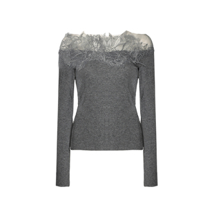 DPLAY含羊毛灰色针织衫女新款性感高级露肩一字肩拼接蕾丝上衣