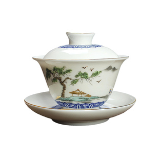 德化羊脂玉白瓷泡茶杯功夫茶具套装单个福字盖碗三才大碗盖子简约