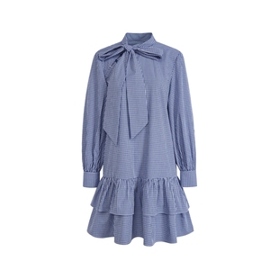 阔色蓝色背心马甲格纹衬衫连衣裙两件套装女25秋冬季新款短裙子