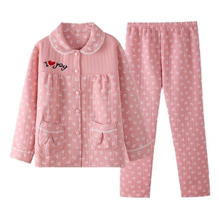 浪莎空气棉睡衣女秋冬季纯棉夹层加厚夹棉套装冬天开衫大码家居服