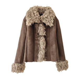 复古鹿皮绒短款厚夹克女冬季小个子皮毛一体美拉德外套韩系穿搭