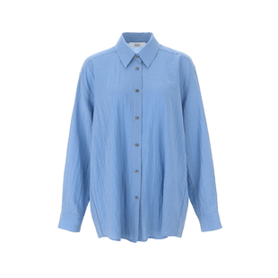 wana try通透锦丝麻航海蓝衬衫2025春季新款韩系休闲简约女款上衣