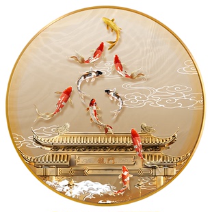 鲤鱼跃龙门玄关装饰画轻奢高级感进门入户挂画九鱼图圆形发光壁画