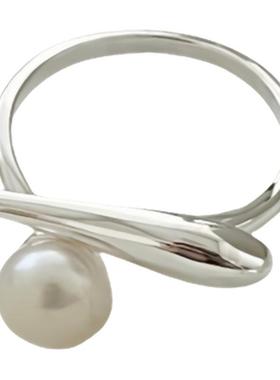 S925纯银水滴一字珍珠开口戒指女