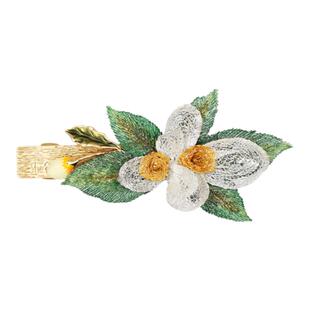 shes茜子梵高玫瑰手工叠花金带刺绣叶片马尾横夹半发顶夹盘发夹