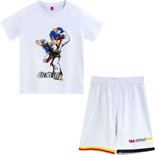 跆拳道t恤夏季短袖儿童武术服装男女童白色纯棉运动服定制练功服