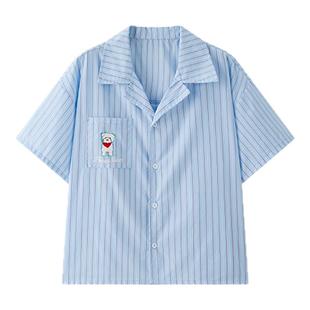 虾酱麻麻男童纯棉短袖衬衫夏装2026新款男孩纯棉条纹蓝色儿童衬衣