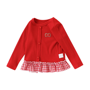 女童衬衣打底衫春秋装小儿童洋气格子拼接裙摆T恤上衣宝宝长袖新