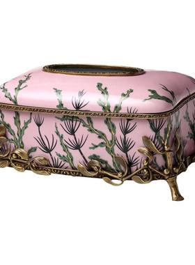 美式珊瑚粉纸巾盒手工陶瓷镶铜