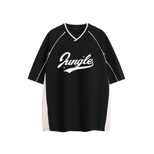 丛林老虎美式字母拼接V领短袖T恤男女夏季运动风撞色情侣半袖球衣
