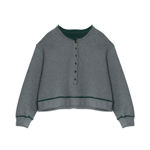 Dotdrobe多着 M1u系学院风 亨利领长门襟卷边卫衣女春-咖色/花灰