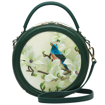 复古圆形苏绣百搭青年真皮手拎包