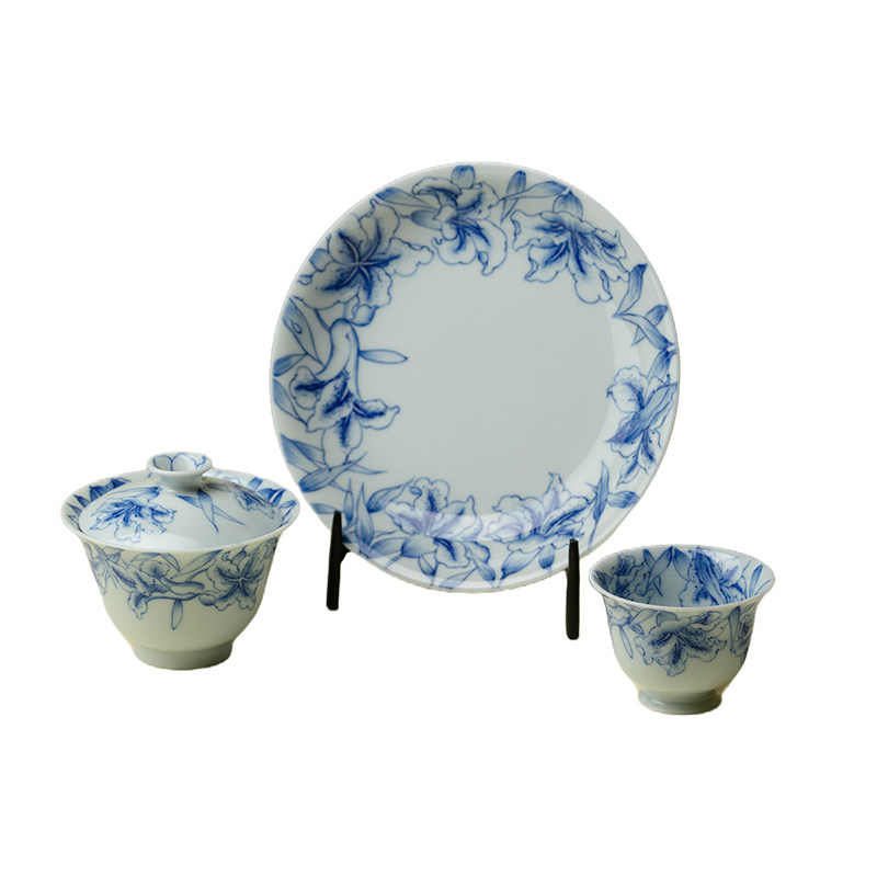 雅同集 青花手绘百合花盖碗景德镇高端陶瓷泡茶碗釉下彩手工薄胎