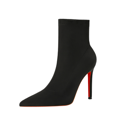 高跟短靴女2025年秋冬季新款红底性感细跟尖头黑色绒面弹力瘦瘦靴