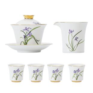 八义陶瓷茶具三才盖碗白瓷空谷幽兰温度植物描金功夫茶具送礼