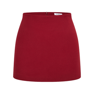 MosesQueen魔西女王红色毛呢半身裙秋冬加厚高腰显瘦a字包臀短裙