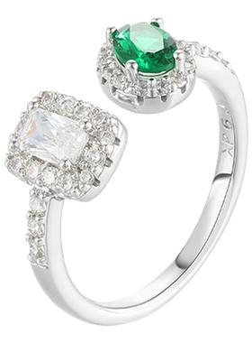 旭平【莱茵夜曲】复古绿方形蛋面开口戒指轻奢法式设计高级感指环