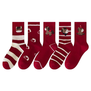2026属马红袜子本命年中筒袜秋冬新年马年卡通棉袜网红款男女潮袜