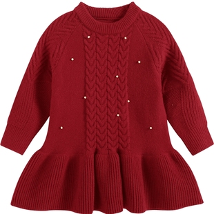 女童连衣裙新年衣服2026新款冬装儿童红色毛衣裙新年战袍拜年裙子
