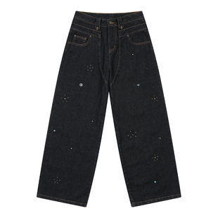 mostwanted西部明线刺绣钉珠双腰头直筒牛仔裤女2026春新款裤子