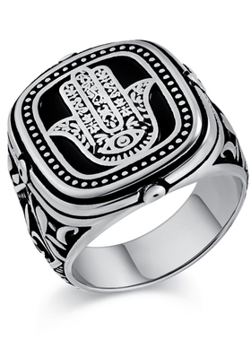 潮男复古法蒂玛之手方形印章戒指