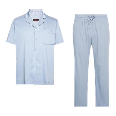 爱慕先生100棉质家居翻领开衫短袖长裤男士套装睡衣