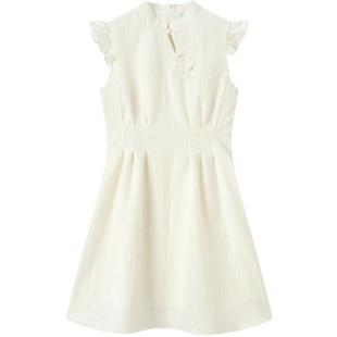 森马观园吉新中式连衣裙女小飞袖盘扣2024夏季新款短裙肌理感裙子