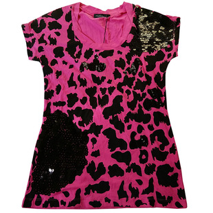 辣妹短袖女新款玫红色bling演出服装街头闪亮片装饰潮T恤休闲上衣