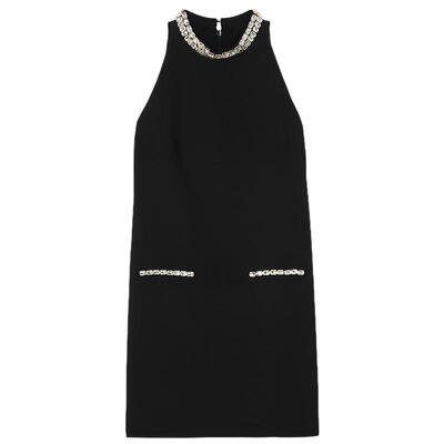 SANDRO Outlets秋冬女装法式时尚黑色方形仿钻挂脖无袖短款连衣裙