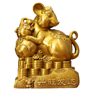 铜鼠摆件金钱鼠聚宝盆铜老鼠十二生肖鼠摆件五鼠运财家居客厅装饰