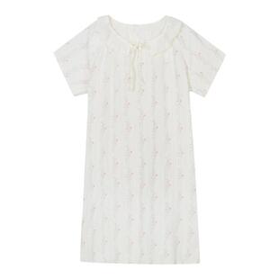 馨帮帮Homedress 甜美碎花竖纹短袖睡裙女韩系宽松可外穿睡衣长裙