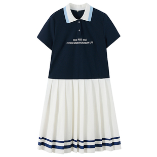 拼接连衣裙初中生少女夏装翻领POLO短袖中学生学院风运动百褶裙女