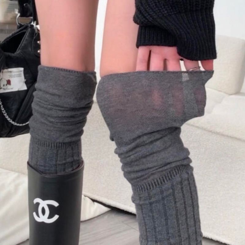 过膝袜女春秋堆堆拼接小腿袜搭配靴子非纯棉灰色过膝长筒袜秋冬