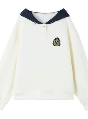 KEIKO学院风白色加绒连帽卫衣