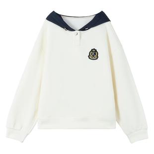 KEIKO [加密绒]阿尔法学院派白色卫衣女2026春季撞色连帽外套上衣
