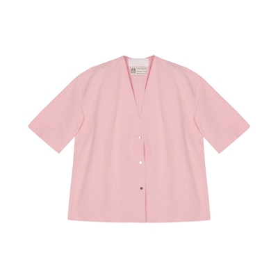 【LESSxSamuel】春秋粉色衬衣女V领宽松气质短袖衬衫2O7210080