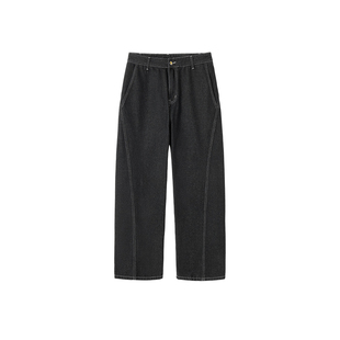 韦恩泽维尔宽松大码男拉链腰明线显瘦分割直筒复古黑色牛仔裤9378