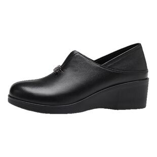 红蜻蜓女鞋夏季鞋子女士坡跟厚底休闲皮鞋女款单鞋真皮妈妈小皮鞋