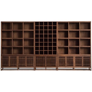 新中式博古架展示柜中式多宝阁收纳博古架黑胡桃客厅满墙实木书柜